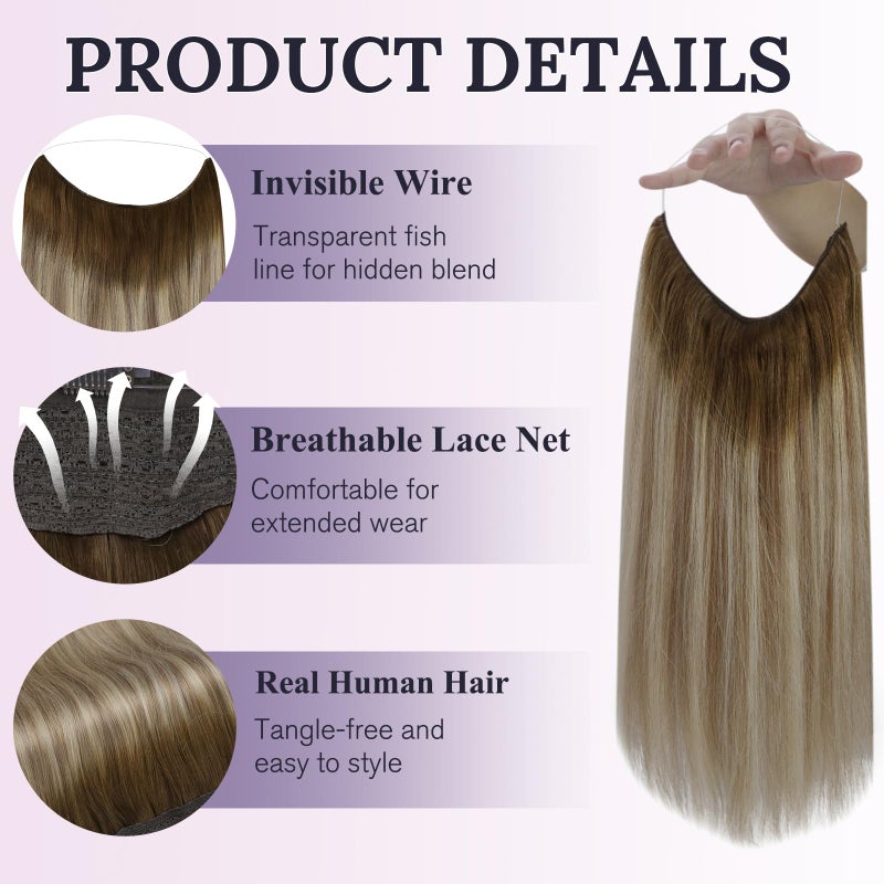 Fshine Invisible Wire Hair Extensions Real Human Hair 14 Inch Wire Human Hair Extensions Balayage Walnut Brown to Ash Brown and Butter Blonde One Piece Hair Extensions Clip in Human Hair Remy Hair 70g - Image 2